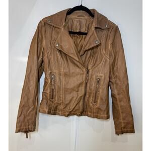Max Studio Faux Leather Jacket Women's Size Small Brown Moto Zip Front Pocket's